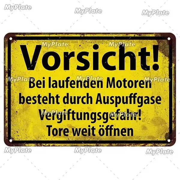 Yellow warning sign with black text in German advising caution about engines and gas fumes.