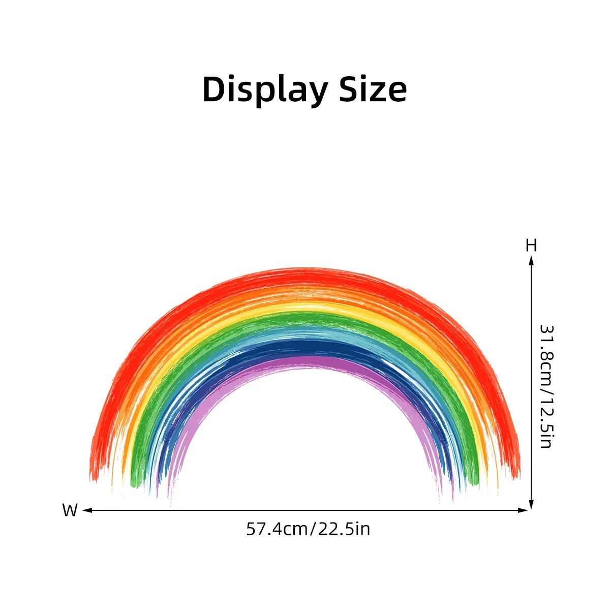 Gráfico de arcoíris que muestra las dimensiones del tamaño de la exhibición para pegatinas murales de acuarela.