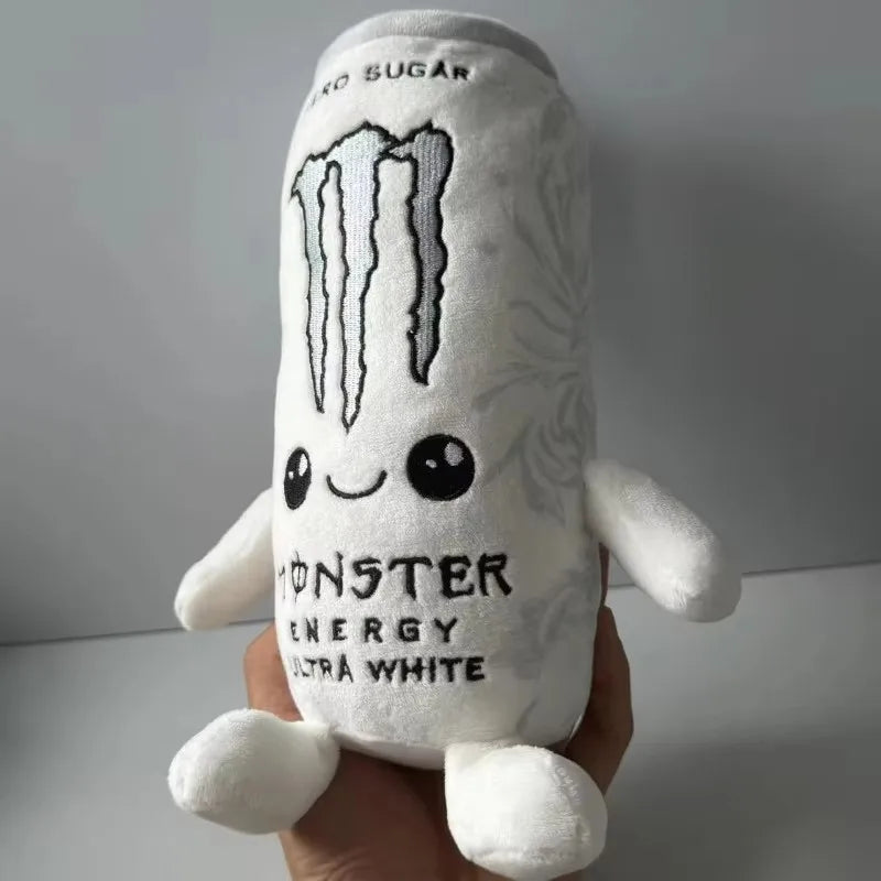 A white plush toy shaped like an energy drink can featuring a dripping design and text.