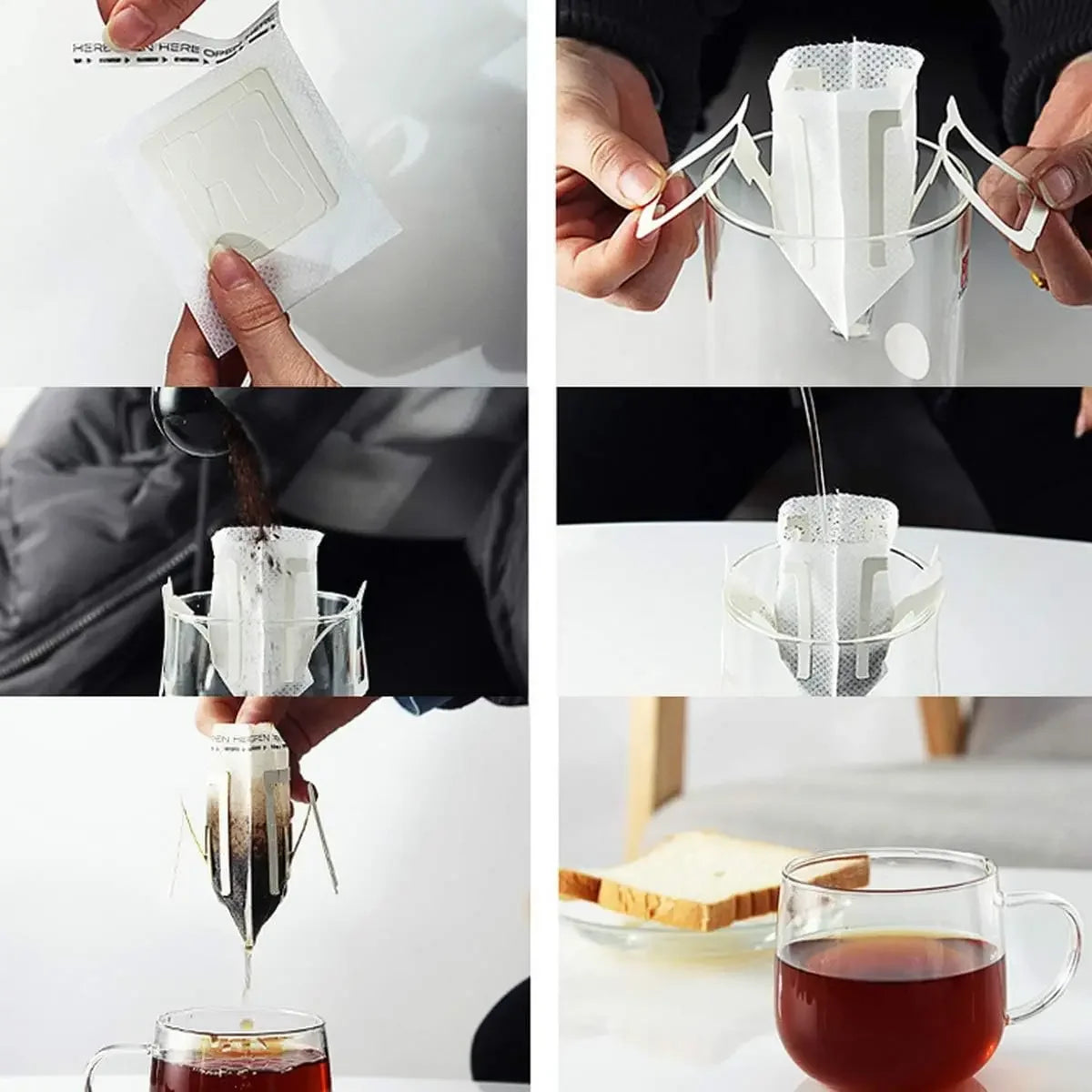 Hands are shown using disposable hanging ear coffee filter bags for pour-over brewing into a glass.
