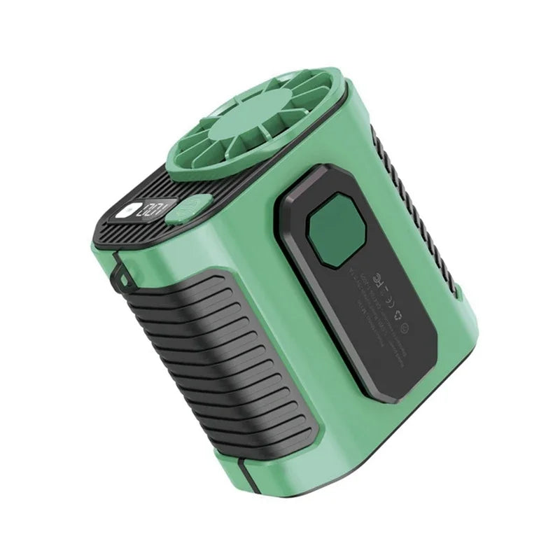 Ventilateur portable à taille, vert clair, grille en maille et boîtier noir.