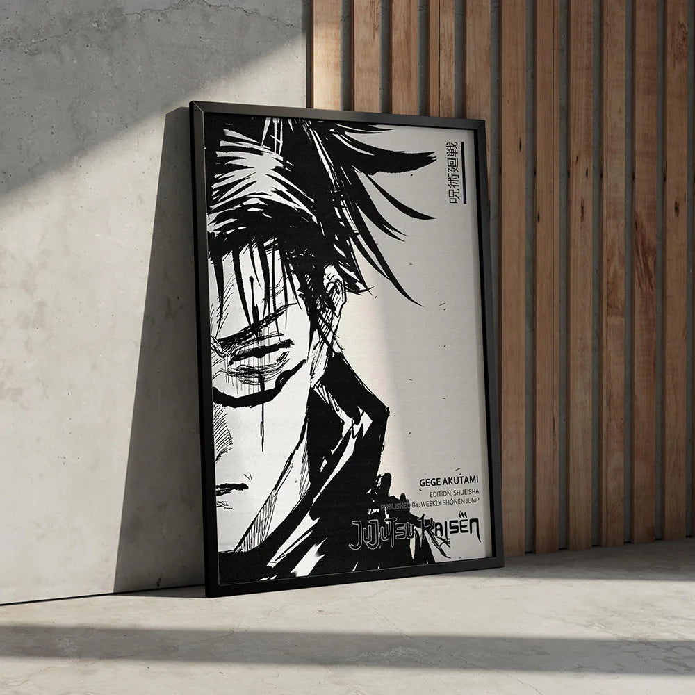 A framed black and white canvas print featuring a dramatic, stylized portrait of Yuji Itadori from Jujutsu Kaisen.