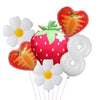 A set of six foil balloons shaped like a heart and a strawberry in red, orange, and white colors.