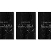 A set of three black marble canvas art prints featuring Islamic calligraphy phrases: End with Alhamdulillah, Hope with Insha 