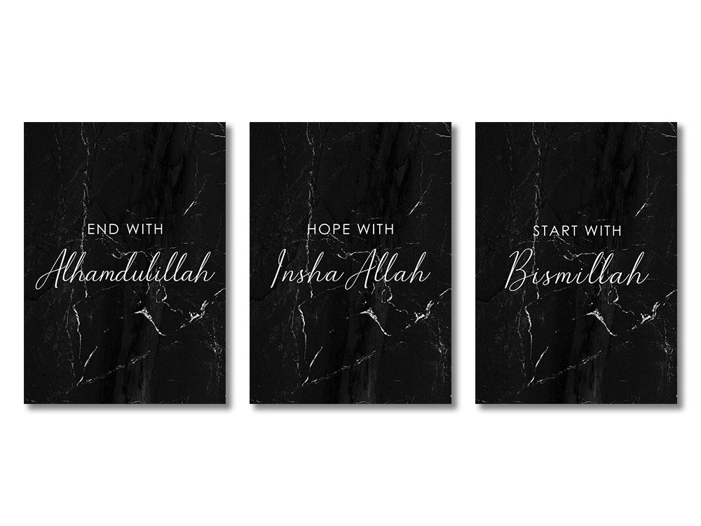 A set of three black marble canvas art prints featuring Islamic calligraphy phrases: End with Alhamdulillah, Hope with Insha 