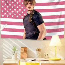 A man wearing a dark shirt stands in front of a pink and white American flag tapestry wall decor.