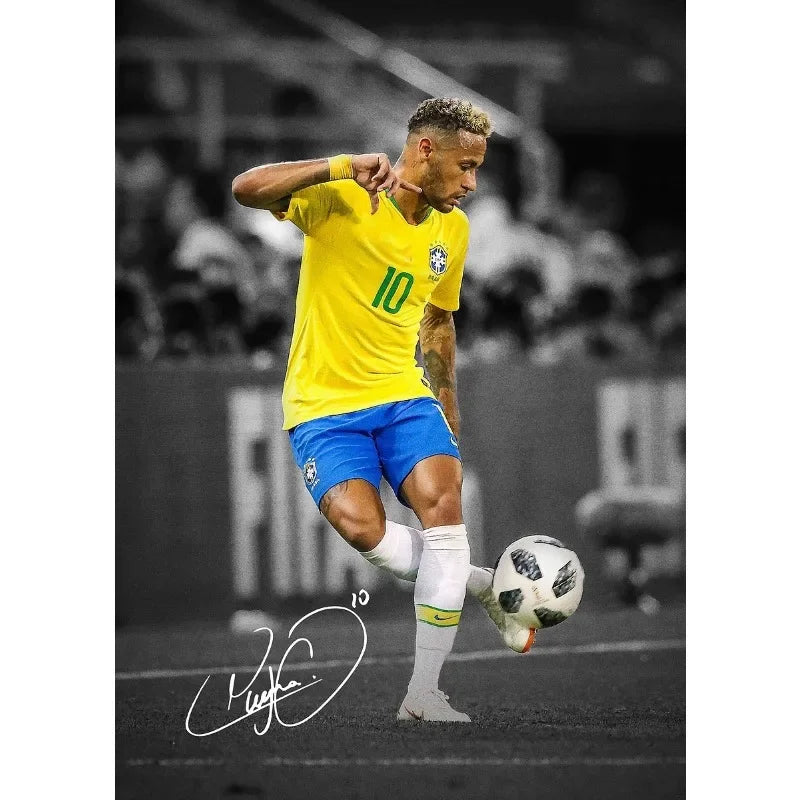 A portrait of a soccer player wearing a yellow jersey and blue shorts, celebrating on a field.