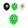 A set of four football-themed latex balloons: one black, one green, and two white.