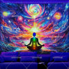 A person meditating in a vibrant cosmic landscape with colorful light and nebula patterns.