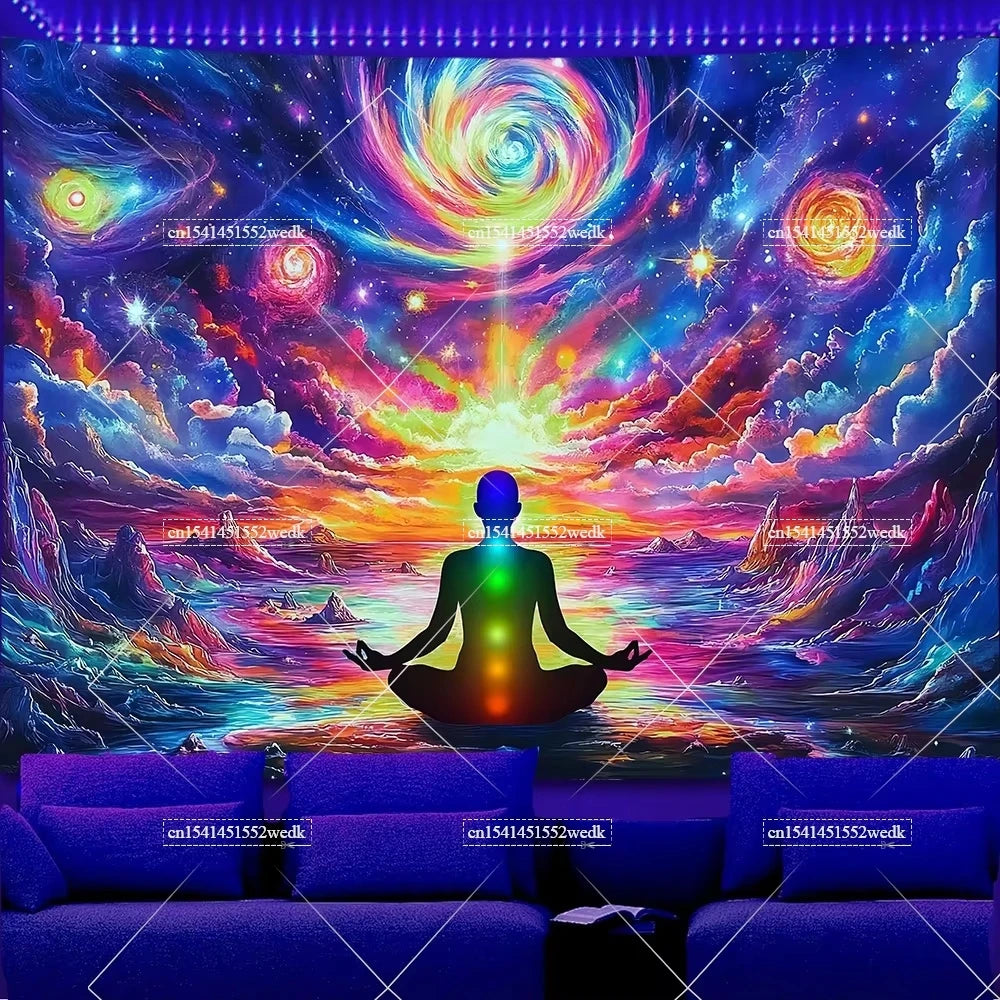 A person meditating in a vibrant cosmic landscape with colorful light and nebula patterns.