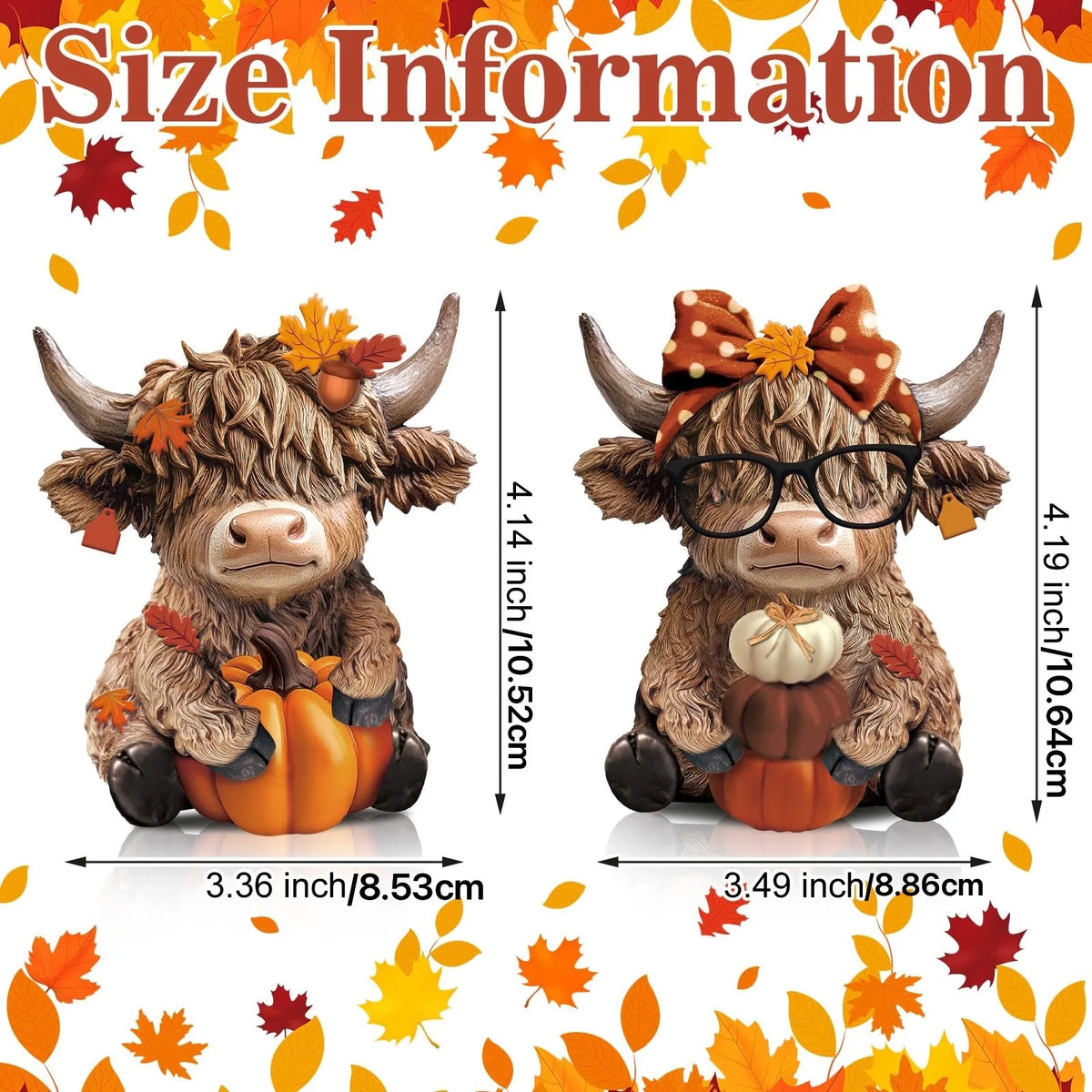 A set of two rustic wooden Highland cow figurines decorated with autumn leaves and pumpkins.