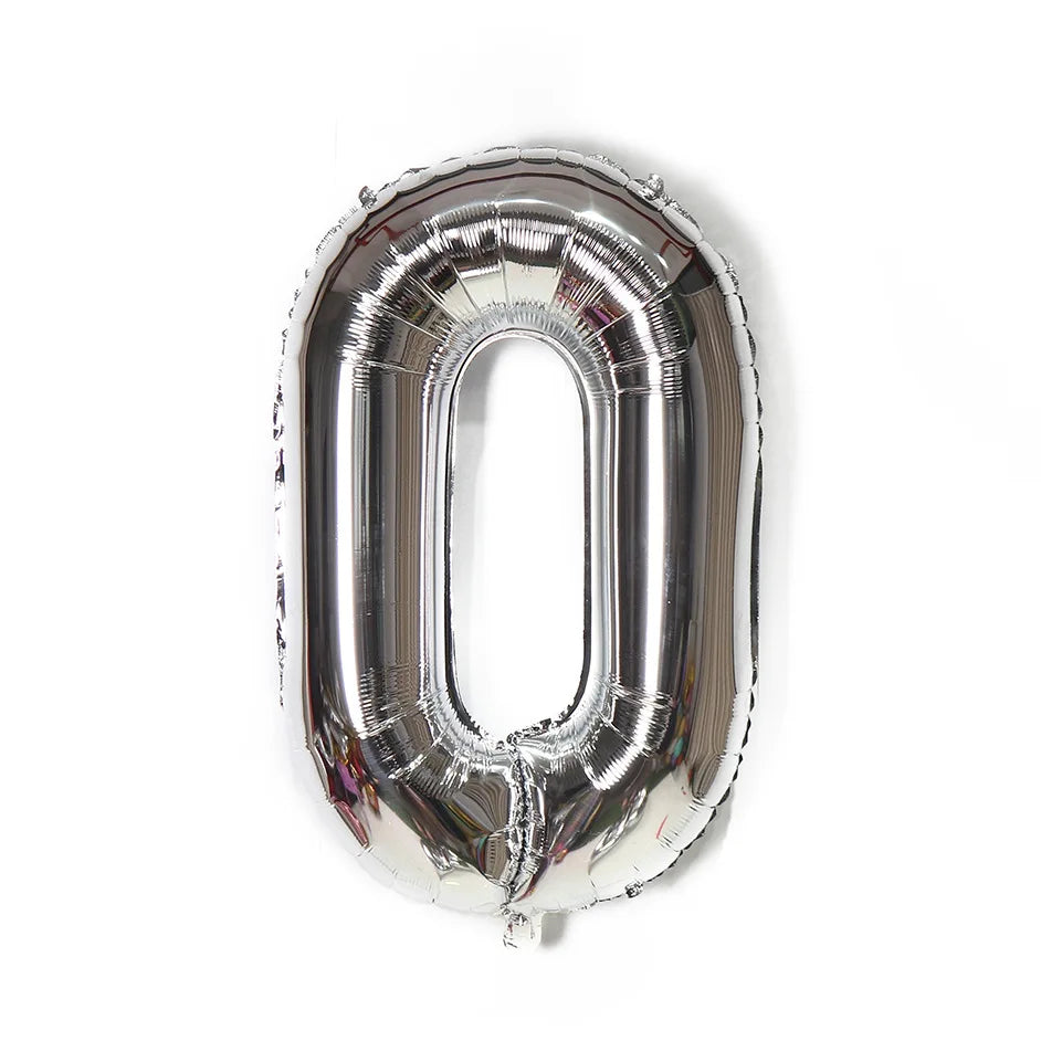 A metallic silver number zero foil balloon.