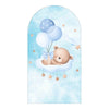 A watercolor illustration of a cute baby bear sleeping on a white cloud surrounded by blue balloons and stars.