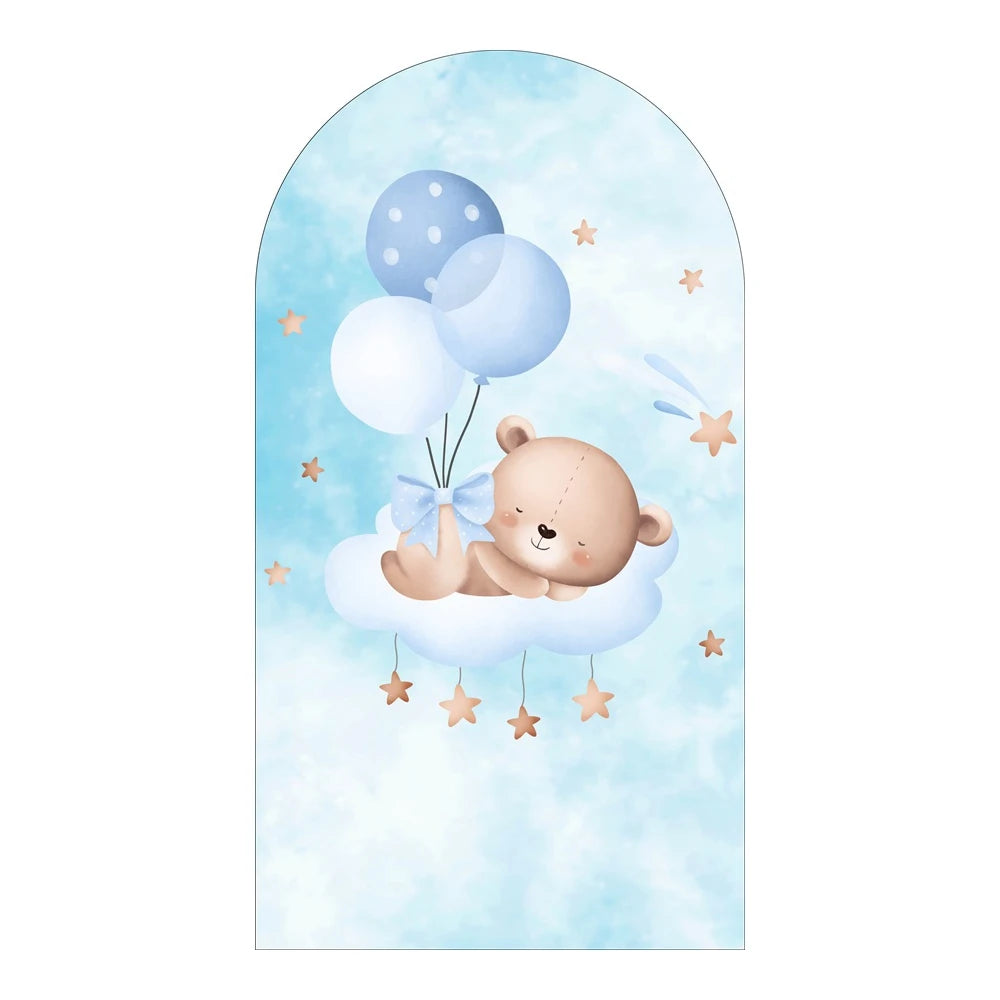 A watercolor illustration of a cute baby bear sleeping on a white cloud surrounded by blue balloons and stars.