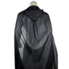 A black hooded cape draped over a mannequin, showing the fabric texture and flow.
