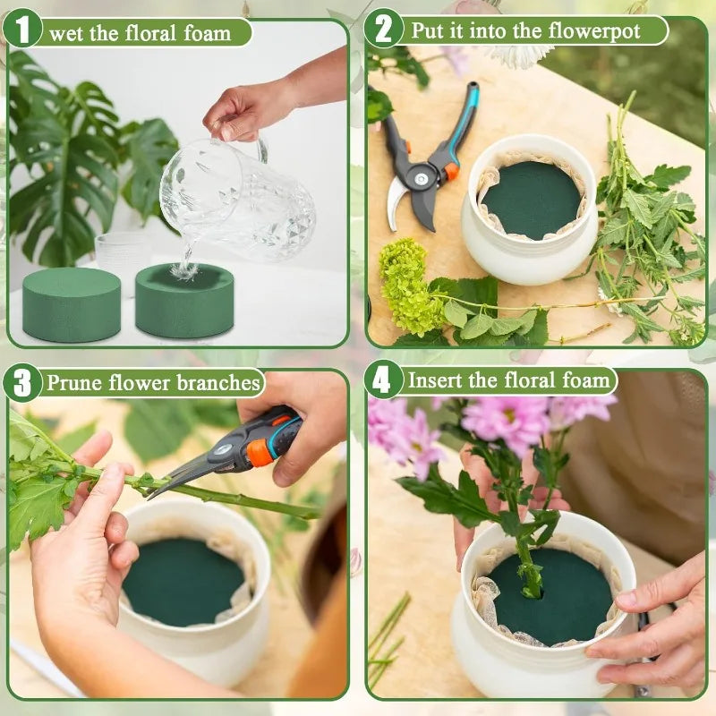 A four-step guide showing how to prepare floral foam by wetting it, putting it into a flowerpot, pruning branches, and insert