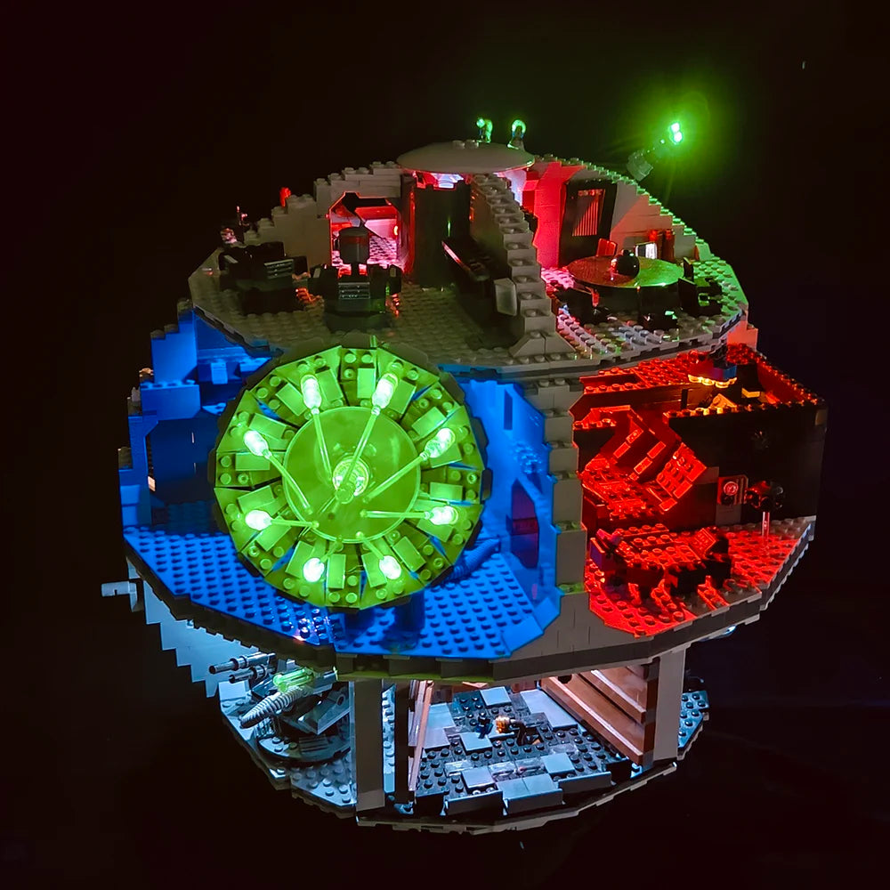 A model of the Death Star built from LEGO bricks, illuminated with green and red LED lights.