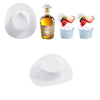 Un set de petits cadeaux pour une fête western cowgirl comprenant une assiette blanche, une bouteille en verre ambré et deux 