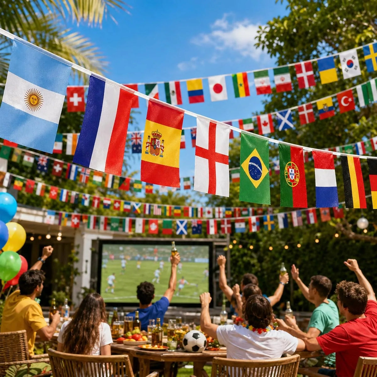 A colorful bunting banner displaying flags of various countries strung across an outdoor event.