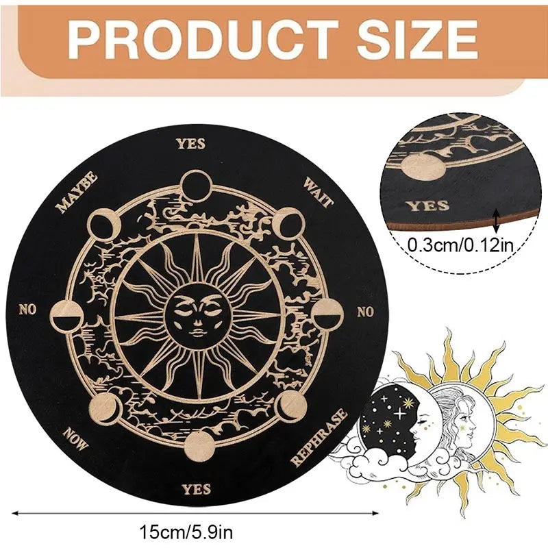A black wooden divination board with a sun symbol and various yes no wait now rephrase options.