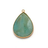 A teardrop-shaped light blue green agate and rose quartz pendant charm with a gold-colored bezel setting.