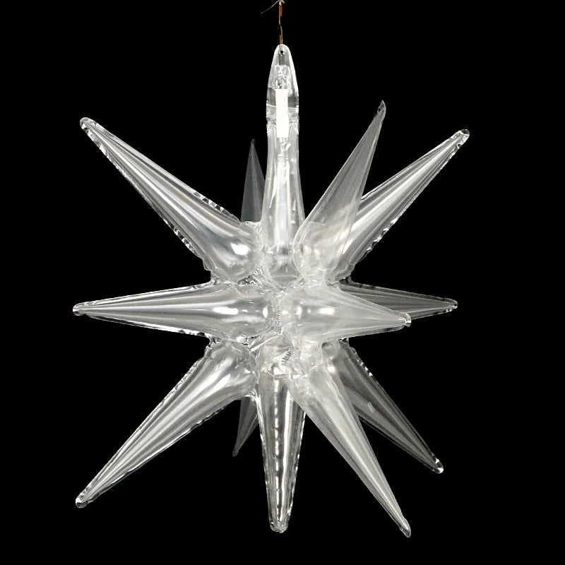 Clear foil balloon shaped like a star burst with pointed rays for party decor