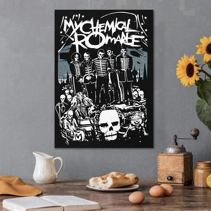Black and white wall art featuring a My Chemical Romance band poster print with skulls and gothic imagery