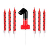 A set of cartoon number birthday candles featuring a red and black mouse design.