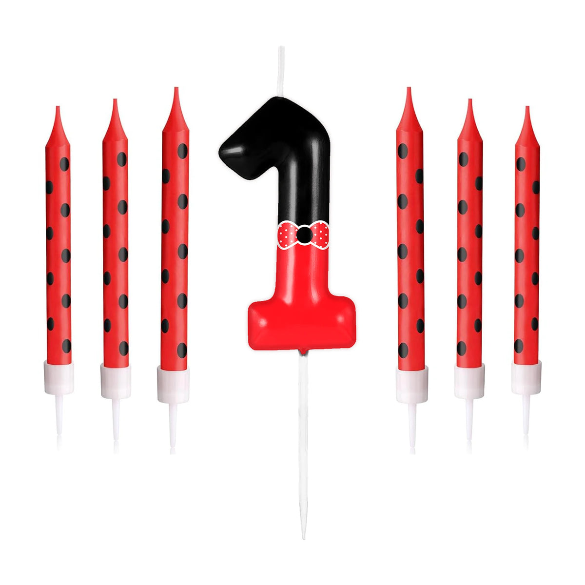 A set of cartoon number birthday candles featuring a red and black mouse design.