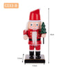 A wooden nutcracker soldier ornament dressed in a red hat and uniform, standing on a black base.