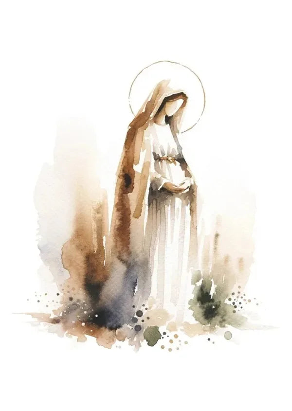 Watercolor painting of Jesus with a halo, depicted in brown and white tones.