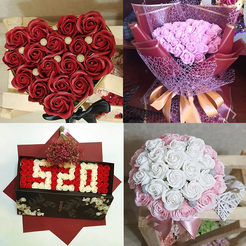 A collection of artificial red roses, pink roses, and white roses arranged in bouquets and crafts.