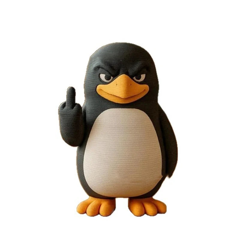A black and white penguin desk statue with one flipper raised.