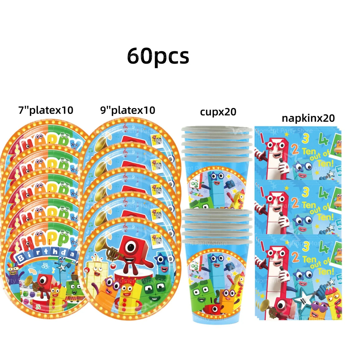 A set of 60 plastic birthday party decorations featuring characters and colorful designs for a celebration.