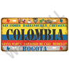 Vintage metal tin sign featuring various Colombian cities and their flags in a rustic style