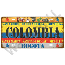 Vintage metal tin sign featuring various Colombian cities and their flags in a rustic style