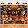 A vibrant Mexican fiesta photo backdrop featuring a sombrero, guitar, and cactus design with colorful decorations.