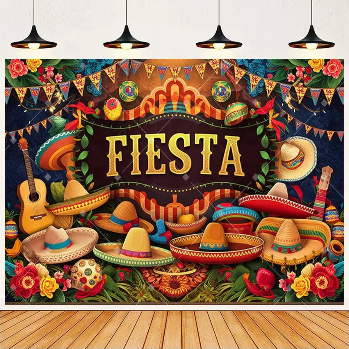 A vibrant Mexican fiesta photo backdrop featuring a sombrero, guitar, and cactus design with colorful decorations.
