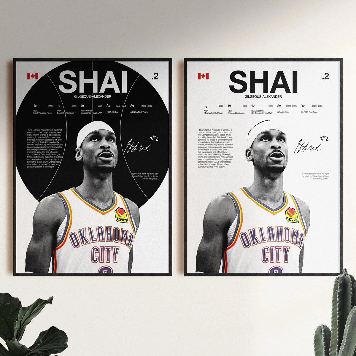 Two framed posters featuring basketball legends Shai Gilgeous-Alexander in Oklahoma City jerseys.