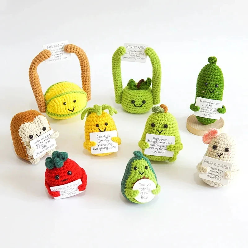 Handmade crochet potato dolls with inspirational cards featuring various positive messages and sayings.