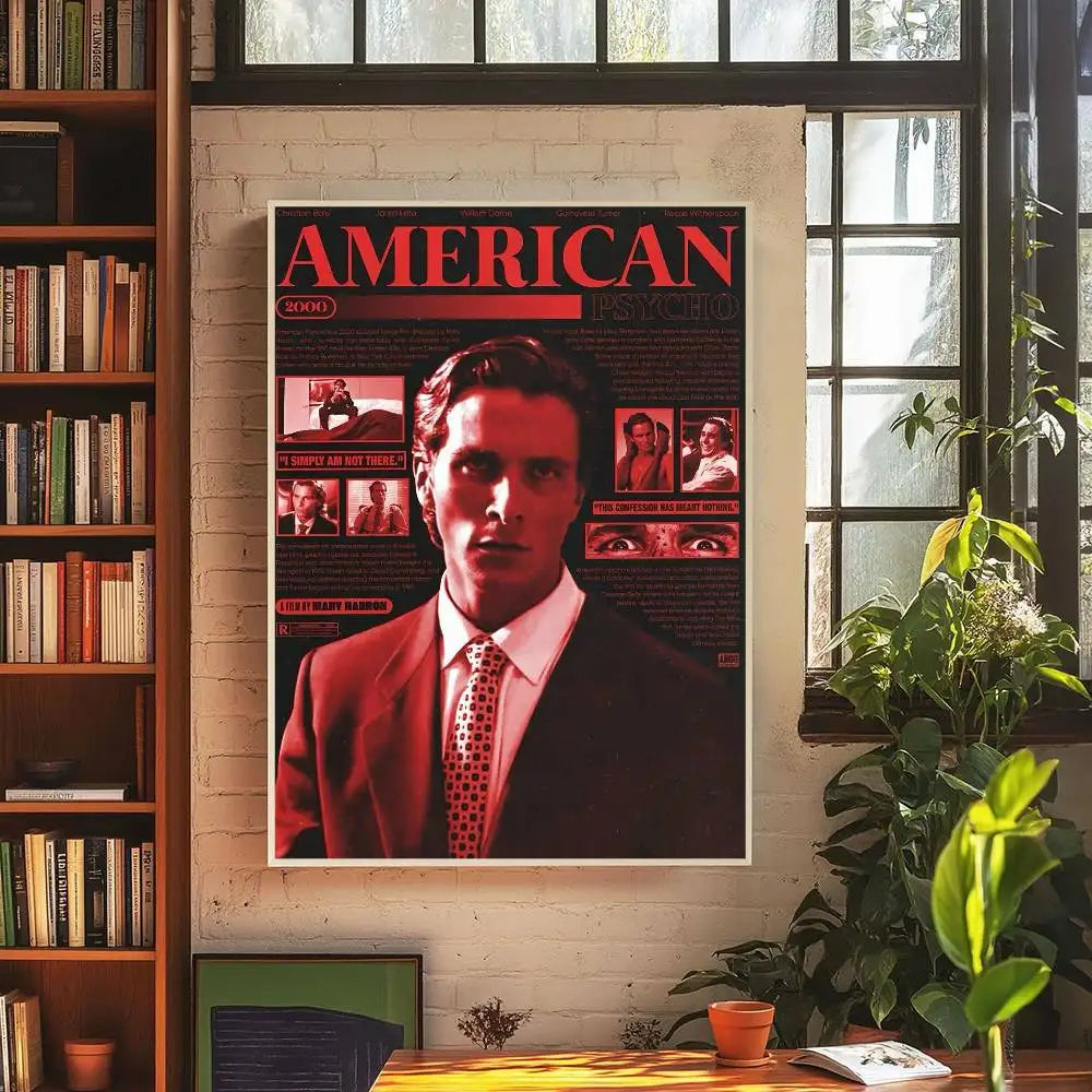 A movie poster for American Psycho featuring a man in a suit against a dark background.