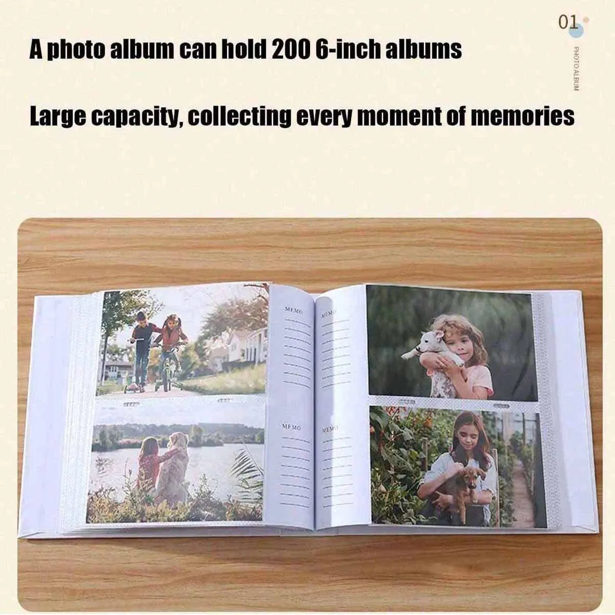 An open photo album displaying various memories and photos on a wooden surface.