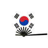 A graphic design featuring the South Korean flag surrounded by various national flags and stylized fan shapes.