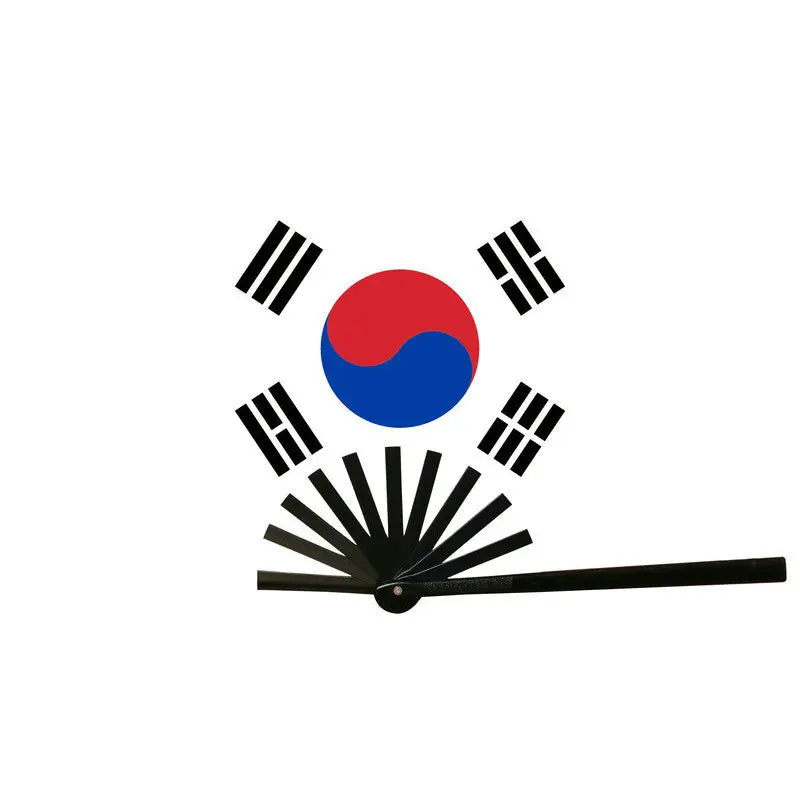 A graphic design featuring the South Korean flag surrounded by various national flags and stylized fan shapes.