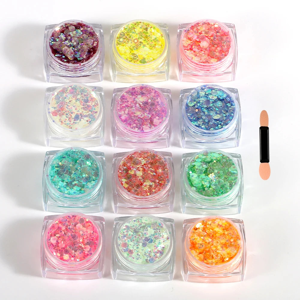 A set of twelve glow-in-the-dark glitter gels in various colors arranged in small clear containers.