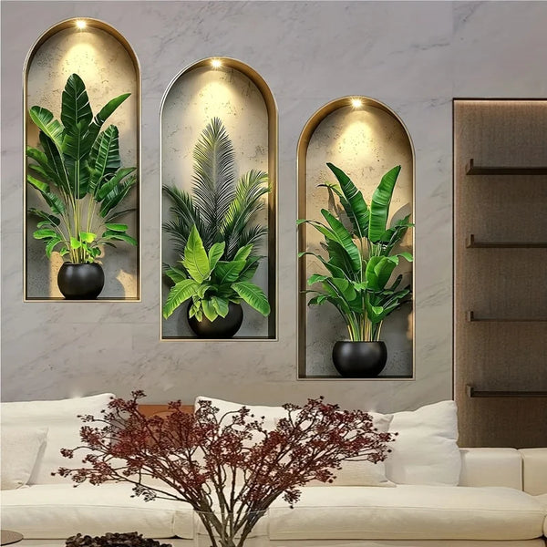 A gallery wall featuring potted green plants in gold-framed arched niches on a gray wall.
