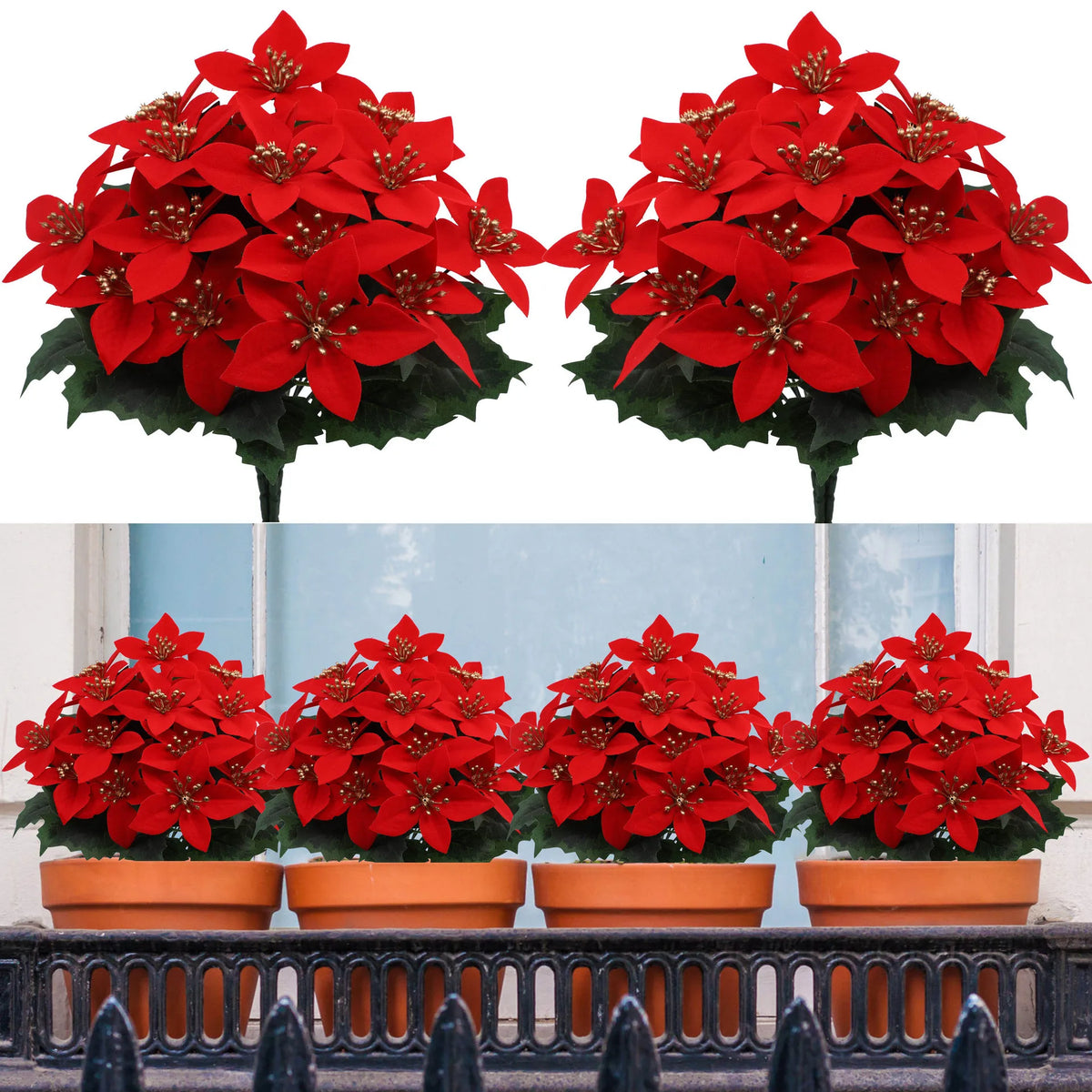 Two bouquets of artificial red poinsettia flowers with green leaves for holiday decoration