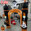A large inflatable Halloween decoration featuring a skeleton figure and an archway with built-in LED lights.