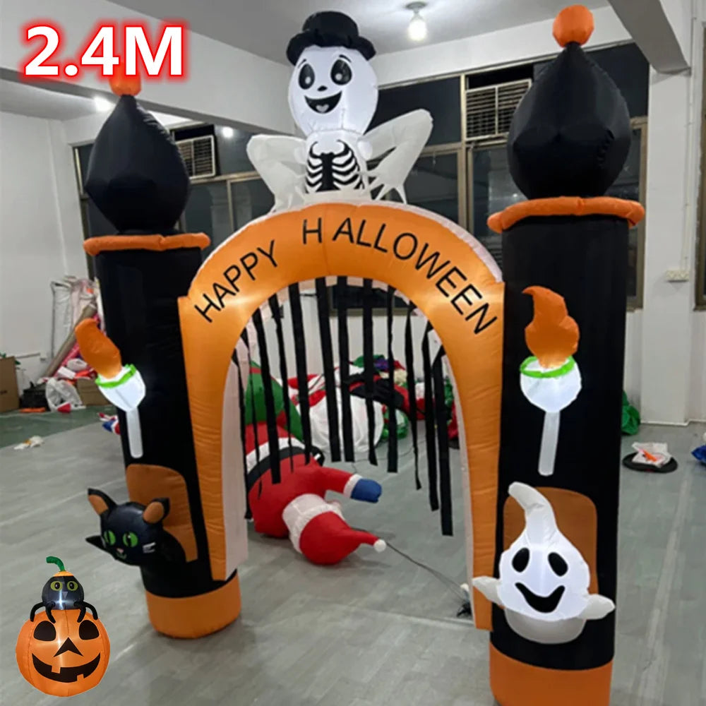 A large inflatable Halloween decoration featuring a skeleton figure and an archway with built-in LED lights.