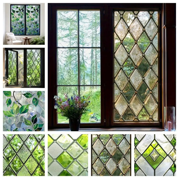 Close-up view of retro European green leaf privacy window film patterns in various diamond and geometric designs.